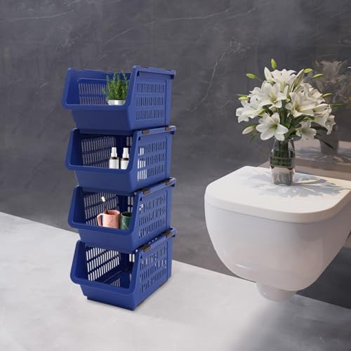4 Pcs Stackable Storage Baskets, Compact Rolling Storage Baskets Set, Small Stackable Organizer Bins for Kitchen Bedroom