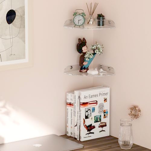 Sezanrpt 7x7 Inch Corner Shelf Wall Mount Set of 2, Acrylic Corner Floating Shelves, Clear Corner Wall Organizer Shelf f