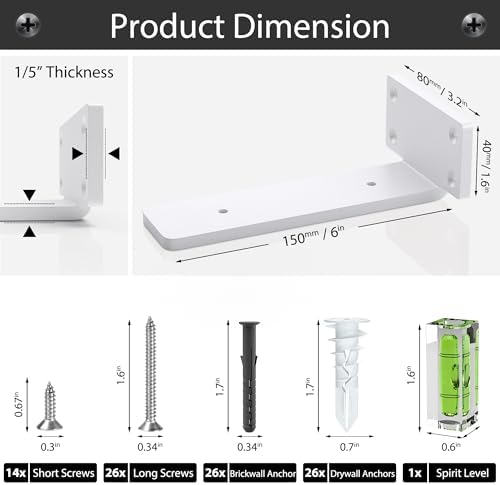 Floating Shelf Brackets 6 Inch 6 Pack, Hidden L Brackets for Shelves White