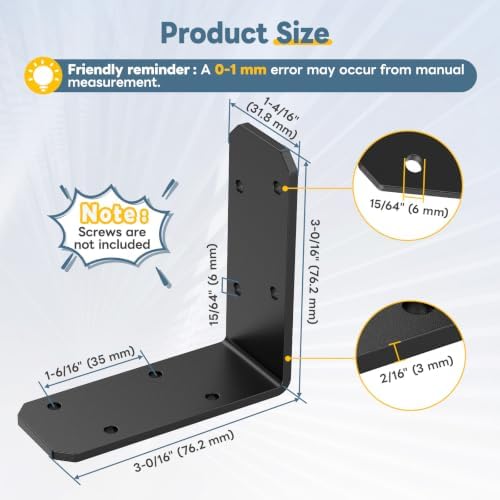 3"×3"×1.2" L Bracket for Wood, 90 Degree Angle Brace, Black-16PCS