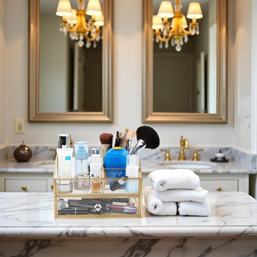 Vintage Gold Makeup Organizer - Glass Makeup Organizer Countertop Organizer for Make-Up Brushes Vanity, Tabletop Organiz