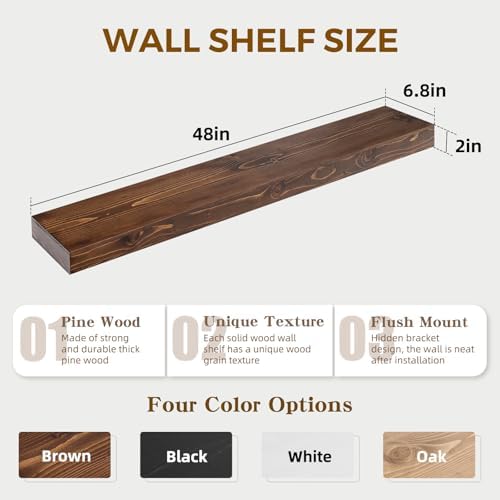 Floating Shelves, 48 Inch Wall Mounted Shelves, Set of 2, Brown