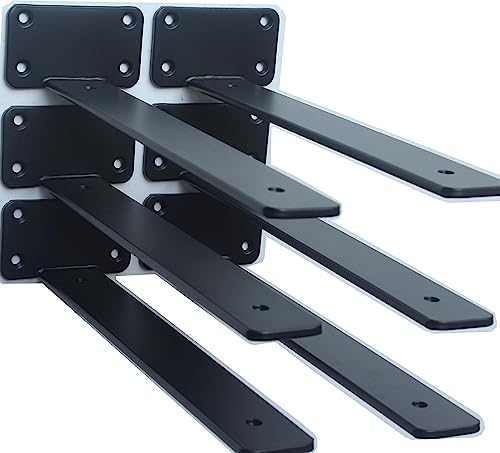 6 Pack - 11 inch Black Hidden L Shelf Bracket (1/5 Inch Thicked) Iron Floating Shelf Brackets Rustic Industrial Metal Br