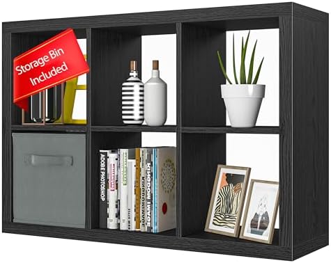 furtble Bookshelf with Storage Bin, 6-Cube Storage Organizer, Modern Wood Open Bookcase, Multifunctional Display Shelf f