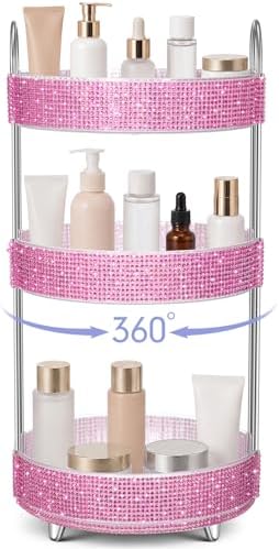 Honeydak Bling Rotating Cosmetic Display, 3 Tiers, Resin Diamond, Pink