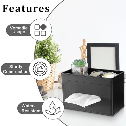 Sumnacon Tissue Box Cover with Storage Tray Rectangular Tissue Holder,Black