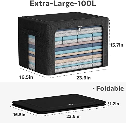 CYhom 3Pack Foldable Storage Bins - Frame Storage Box Linen Fabric Stackable Clothes Container Organizer with Clear Wind