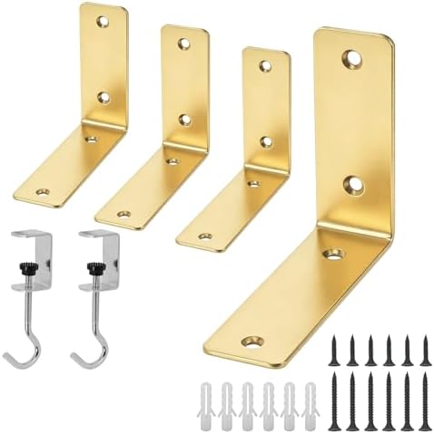 L Floating Shelf Brackets,4 Pack Heavy Duty L Brackets for Shelves, L 5" X H 4" Gold Metal Countertop Support Brackets,W