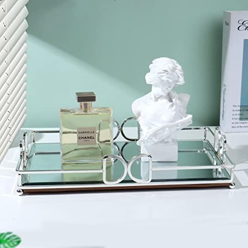 Decorative Tray, Bright Silver, Modern Premium Feeling Perfume Tray, Luxury Rust-Proof Glass Tray for Bathroom, Dresser,
