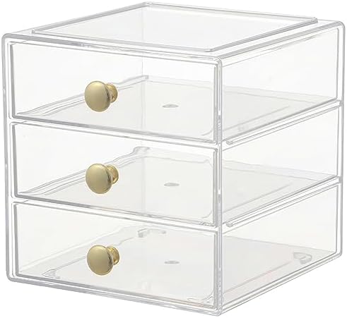 AJIODA Makeup Drawer Organizer Box with 3 Drawers, Acrylic Cosmetic Display Case Vanity Organizer Jewelry Storage Box St