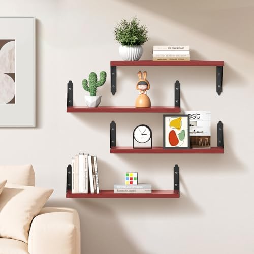 ROMGUAR CRAFT Wood Wall Floating Shelves Set of 4, 17" x 6" - Red
