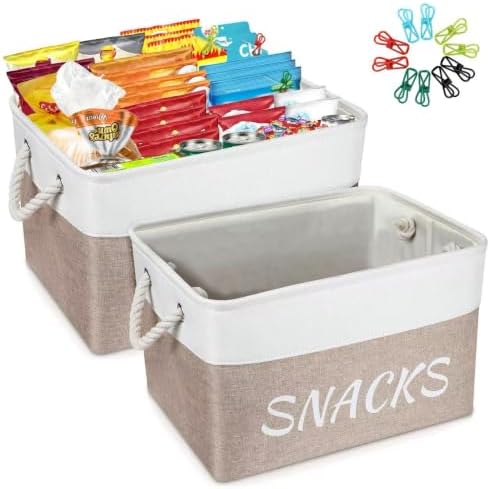 Snack Organizer for Pantry, Decorative Snack Basket with 10pcs Chip Clips, Snack Organizer for Desktop, Collapsible Snac