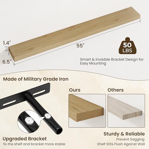 Axeman 55 Inch Floating Shelves for Wall, 2 Packs, Invisible Brackets, Oak