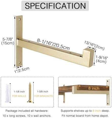 OVOV 4 Pack Heavy Duty Shelf Brackets 8 Inch Metal Shelf Supports Gold