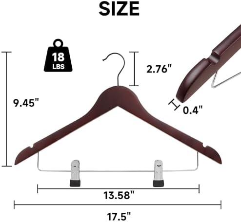 Wooden Hangers with Adjustable Metal Clips, 72-Pack, Dark Cherry