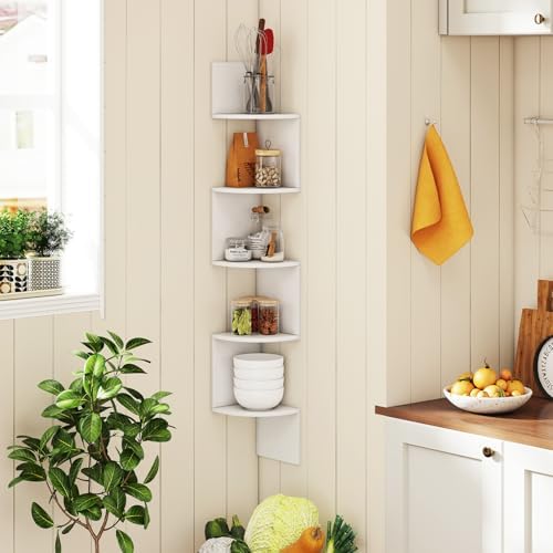 GIANTEX Corner Shelf Wall Mounted, 5-Tier Floating Corner Bookshelf, Home Storage Organizer, Wooden Display Stand Rack f