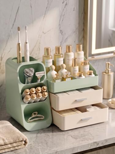 Booklov Large Makeup Organizer for Vanity Countertop, Green Cream