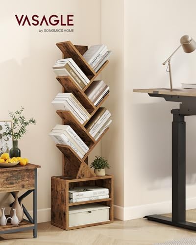 VASAGLE Tree Bookshelf, 7 Tiers, 2 Open Compartments, 15 x 8 x 48.5 Inches