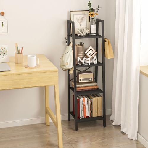 YMYNY 4 Tiers Ladder Bookcase, Industrial Narrow Bookshelf, Open Display Rack with 4 S Hooks, Metal Storage Shelves for 