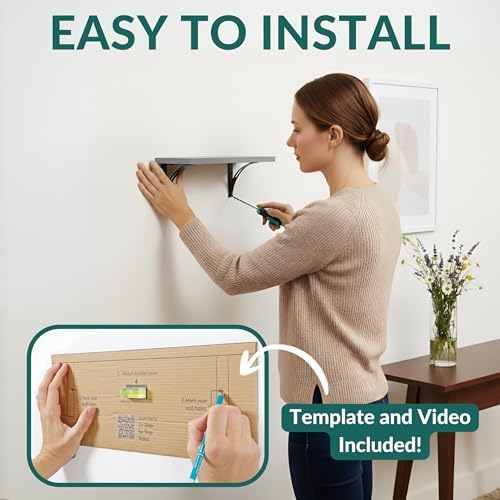 Reinforced Steel Bracket Grey Wall Shelves - Easy to Install, Template and Video Included - Grey Shelf for Wall, Gray Sh