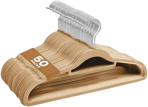 50 Pack Velvet Hangers | Non-Slip Velvet Clothes Hangers with Tie Organisers | Space Saving & 360° Swivel Hooks Wardrobe Storage Organiser, Taupe