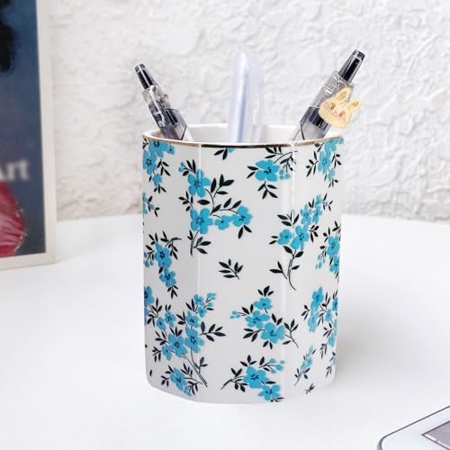 Pen Holder, Makeup Brush Holder Ceramic Shiny Gold Spring Floral Pattern Pencil Cup for Girls Kids Women Durable Stand Desk Organizer Storage Gift for Office, Classroom, Home (Teal Blue)