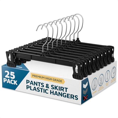 Lifemaster Pants Hangers with Clips Pack of 25, 12-Inch Heavy-Duty Clothes Hangers with Non-Slip Ridged Grip Clips & 360° Swivel Hook, Space-Saving Closet Organizer for Pants, Skirts & Shorts, Black