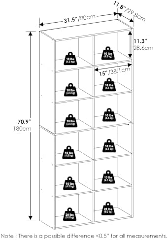 Furinno Basic Book Shelf, 12-Cube Bookshelf, Bookcase with Open Shelf, Cube Storage Organizer, 12 x 32 x 71, for Living 