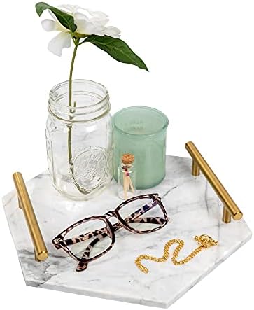 White Marble Hexagon Tray with Gold Handles for Vanity & Bathroom