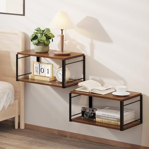 Floating Nightstand Wall Shelf, Wood Bedside Shelf Wall Mounted Nightstand Set of 2, Floating Bedside Table for Bedroom,