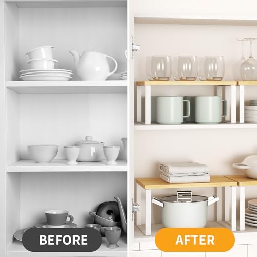 Kitchen Cabinet Organizer Shelf Set of 4, Sturdy Kitchen Counter Shelves with Metal Legs, Stackable Expandable Wood Spic