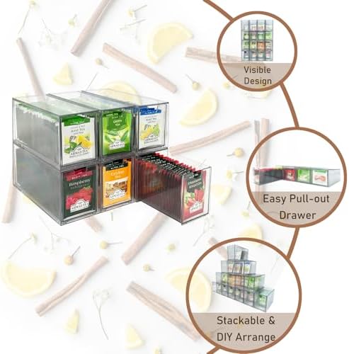 AZEZO 6-Pack Tea Bag Drawers Organizer - 6 Clear Plastic Drawer Tea Bag Holder; Stackable & Portable; Wider Size; Well-O