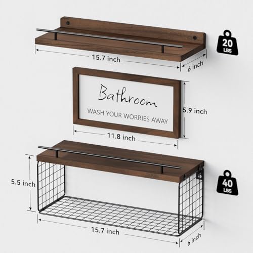 WOPITUES Floating Shelves for Bathroom Decor Art, Rustic Brown