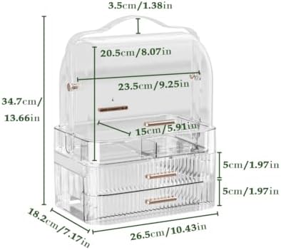 LINFIDITE Cosmetics Storage Box Transparent Lid Large Makeup Organizer Box Drawers Portable Handle Waterproof Dustproof 