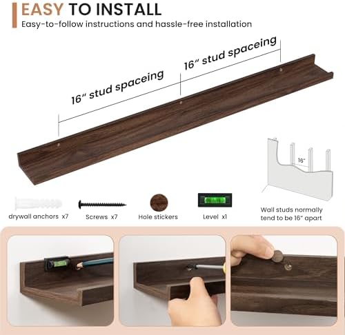 Dreamland Picture Ledge Shelf for Wall, Floating Shelves Set of 2, 48 Inch Long Floating Shelves with Lip for Living Room, Bedroom, Bathroom, Kitchen, Walnut