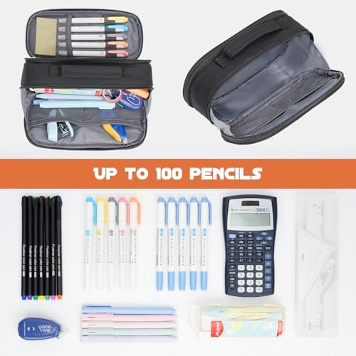 ECHSRT Large Tactical Pencil Case, 3-Compartment Pen Pouch Organizer, Black