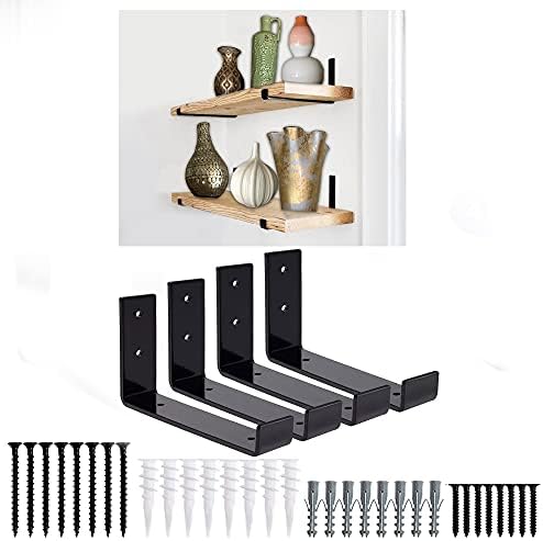 Shelf Brackets 4 Pack Heavy Duty Floating 8.0" L x 6.0" H x 1.5" W (Fits: 7.25" Board) Black Metal Shelves Wall Mounted 
