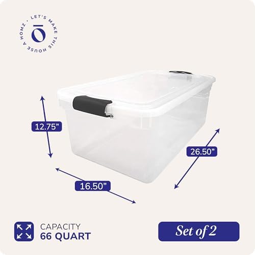 HOMZ Clear Plastic Storage Bins w/Latching Lid, 66 Qt, Gray Latch, 2 Pack