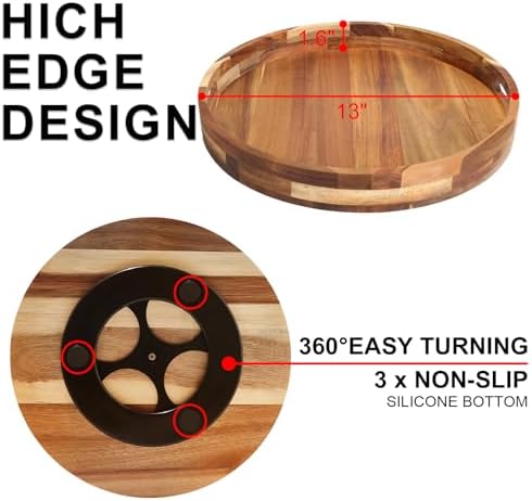 Acacia Wooden Lazy Susan for Table Top-12 Inch Wooden Lazy Susan Turntable with Double Handle-Large Acacia Wooden-Spice 
