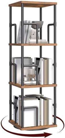 MAHANCRIS 3-Tier Rotating Bookshelf, Freestanding Corner Bookshelf, 360° Spinning Bookcase, Industrial Style Storage Rac