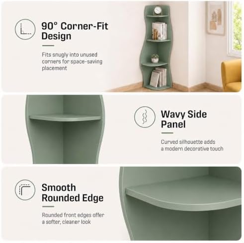 5-Tier Wavy Corner Shelf with Curvy Shape for Small Space,Sage Green