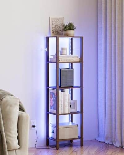 Open Book Shelf with LED Lights, 5 Tier Tall Bookshelf, Freestanding Shelf Narrow Bookcase with Open Shelves, 14.96" x 1