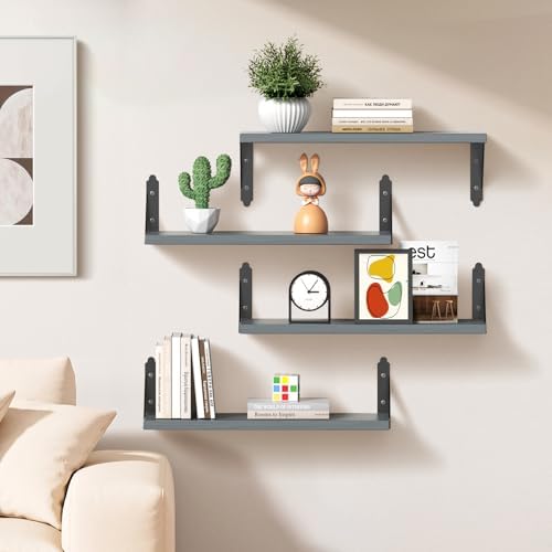 ROMGUAR CRAFT Wood Wall Floating Shelves Set of 4, 17" x 6" - Grey