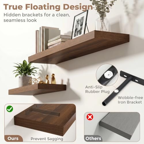8 inch Deep Floating Shelves for Wall, 40" Wide, Walnut Finish, 2-Pack