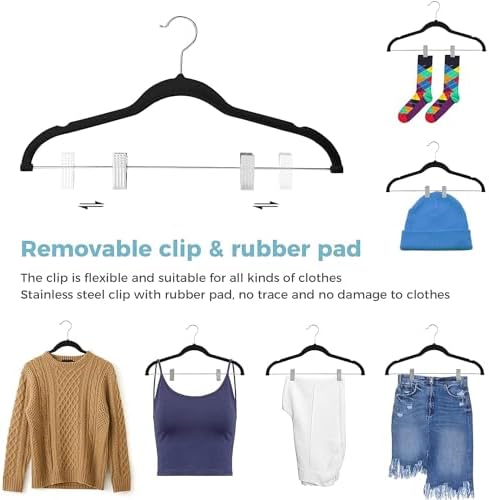 VECELO 20 Pack Black Velvet Clothes Hangers with Adjustable Clips,Heavy-Duty Non Slip & Space-Saving with 1 Magic Hangers and 2 Tie Rack for Suit Coat Pants Skirt Dresses