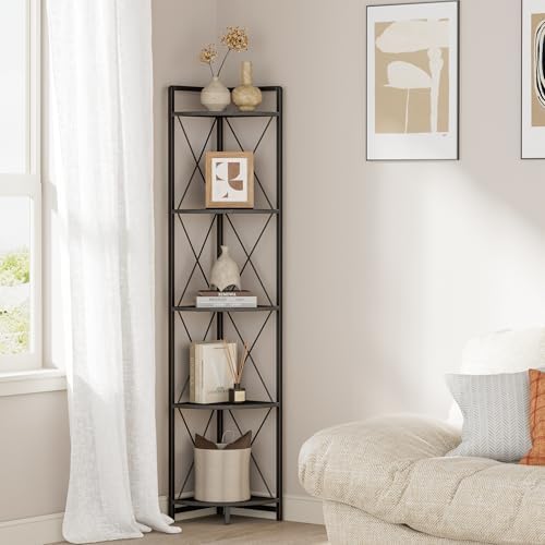 5 Tier Corner Shelf Stand, 64" H Tall Corner Bookshelf, Black