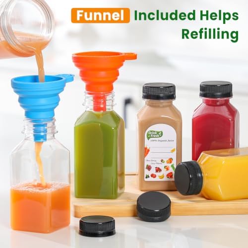 12 PACK, 8 OZ Reusable Thicker Plastic Juice Bottles with Caps, Leakproof