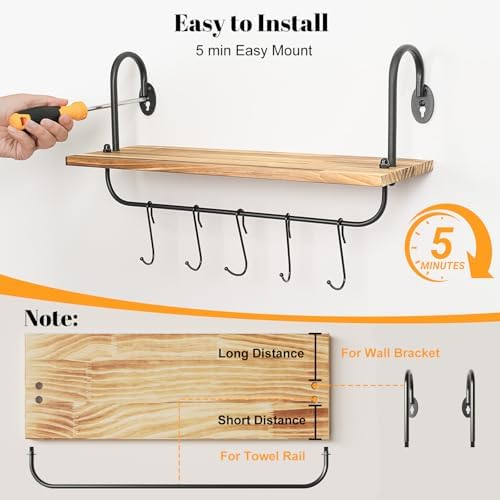 Olakee Floating Wall Shelves for Kitchen Bathroom Coffee Nook with 10 Adjustable Hooks for Coffee Mugs, Coffee Bar Organ