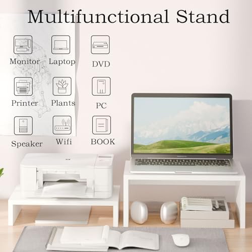 TEAMIX 2-Pack White Monitor & Laptop Stand Riser, High-Low Dual Monitor Set