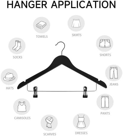 Wooden Hangers with Adjustable Metal Clips, 72-Pack, Black